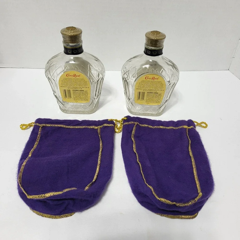 Crown Royal Empty Glass Bottles 375ml with Purple Felt Drawstring Bags Set of 2